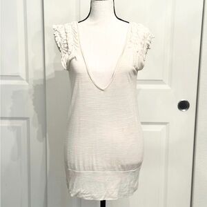 Long Cream Ivory Deep V-Neck Short Sleeve Y2K Blouse Top by Lux, Size XS